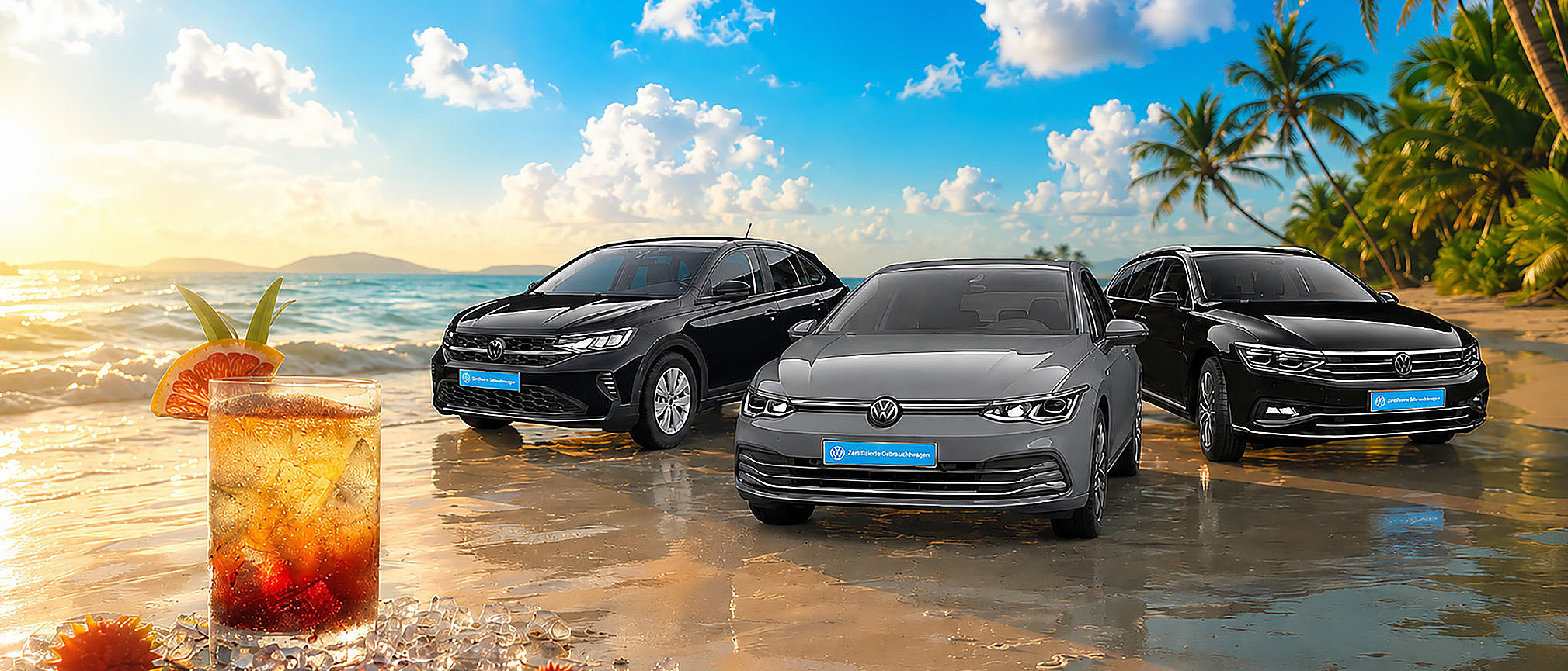 Drei Volkswagen Gebrauchtwagen am tropischen Strand mit Cocktail als sommerliches Motiv zur VW Finanzierung