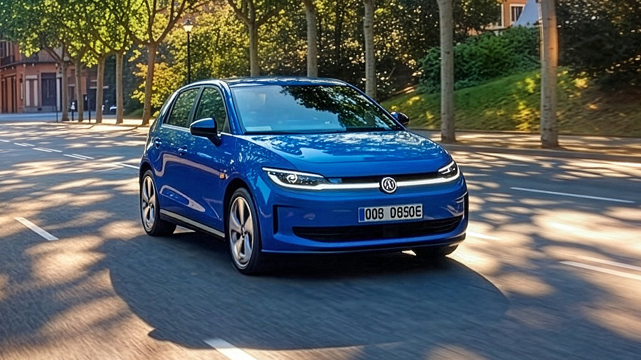 Blauer VW ID. Polo als kompakter Elektro-Kleinwagen in Front-Seitenansicht auf einer baumbestandenen Stadtstraße – elektrisches Stadtauto für Alltag und Pendler
