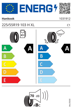 EU-Reifenlabel Hankook 225/55R19 103 H XL für den Audi A6 e-tron mit Effizienzklasse A, Nasshaftung A und 70 dB