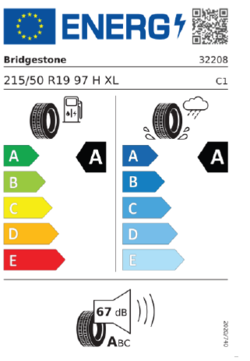 EU-Reifenlabel von Bridgestone für 215/50 R19 97 H XL mit Effizienzklasse A, Nasshaftung A und 67 dB
