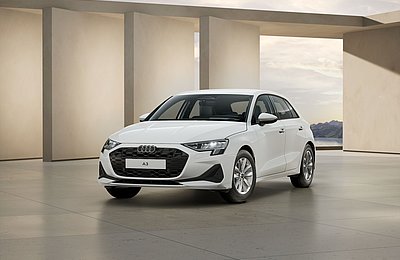Audi A3 Sportback TFSI 110 kW weiß Frontansicht schräg links Audi A3 Sportback TFSI 110 kW weiß Frontansicht schräg links