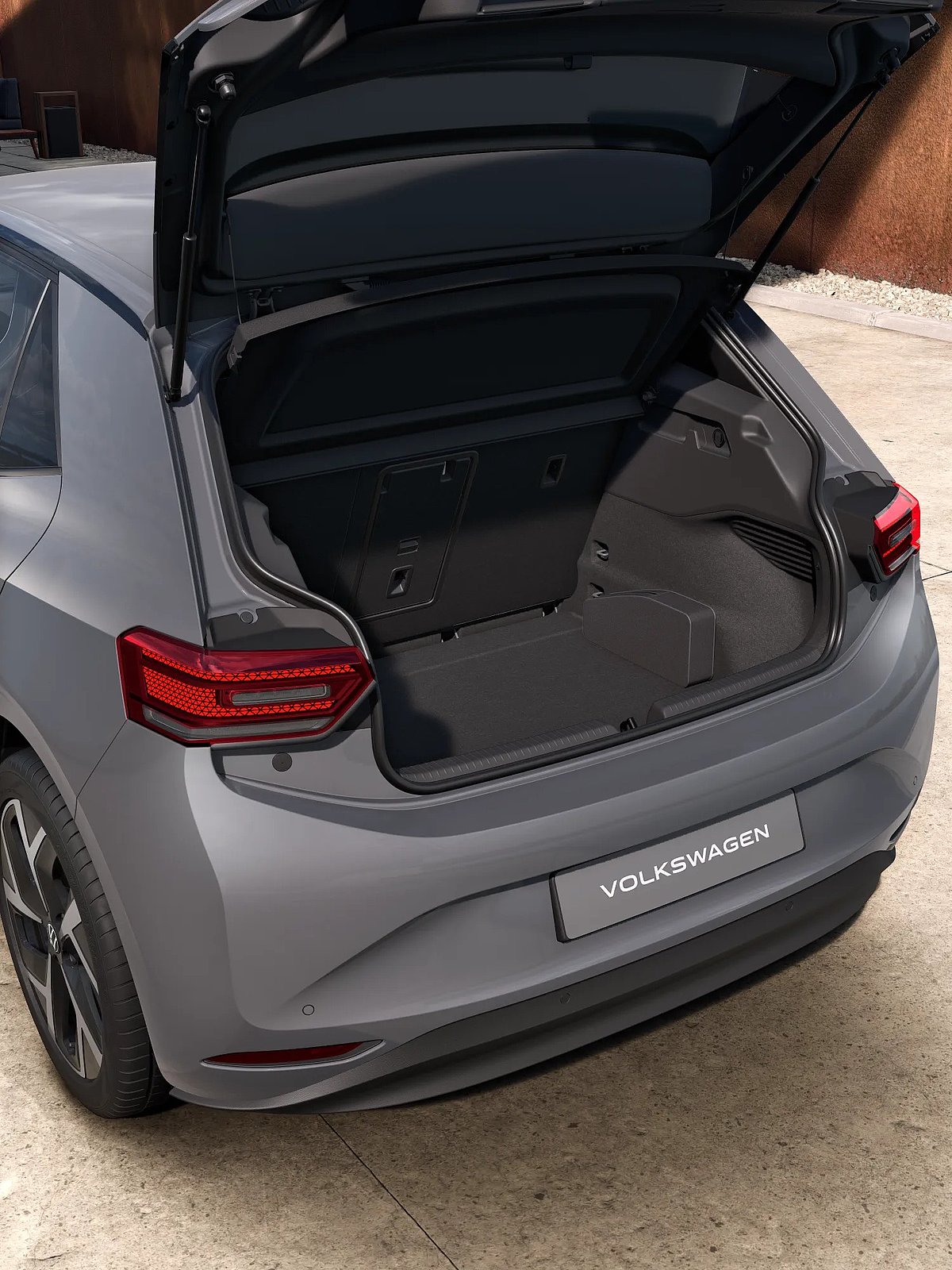 Geöffneter Kofferraum des VW ID.3 Neo Style mit Stauraum im Heck