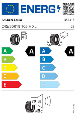 EU-Reifenlabel Falken EZIEX 245/50R19 105 H XL für den Audi A6 e-tron mit Effizienzklasse A, Nasshaftung A und 70 dB