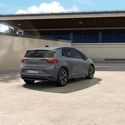 VW ID.3 Neo Style in Grau schräg von hinten vor moderner Architektur