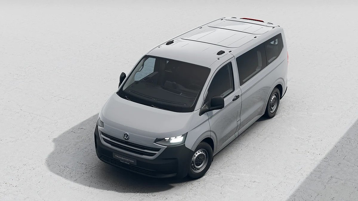 Grauer VW Transporter in der Dachansicht von schräg oben auf hellem Untergrund.