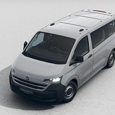 Grauer VW Transporter in der Dachansicht von schräg oben auf hellem Untergrund.