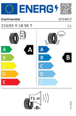 EU-Reifenlabel Continental 215/55 R18 95 T mit Kraftstoffeffizienz A, Nasshaftung B und 71 dB