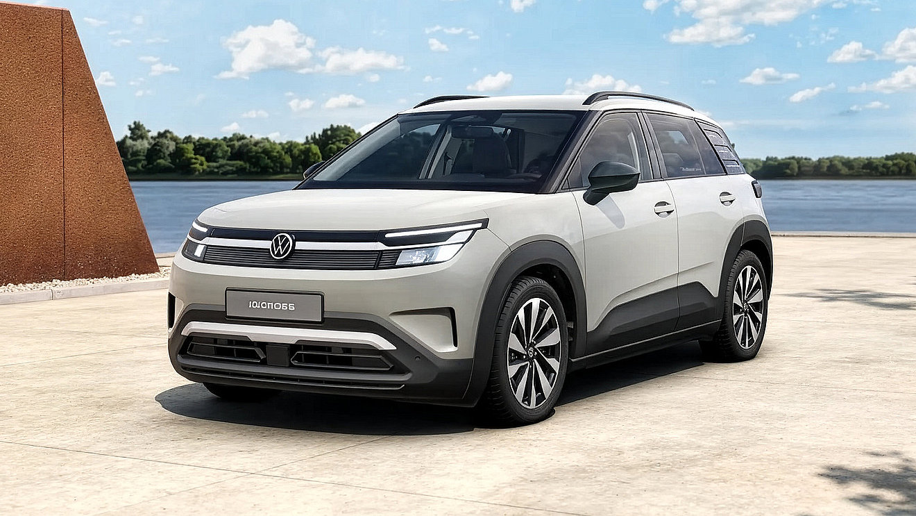 Weißer VW ID. Cross Life als kompakter Elektro-SUV in Front-Seitenansicht vor einer modernen Architektur am Wasser – elektrischer Neuwagen für Stadt und Alltag.