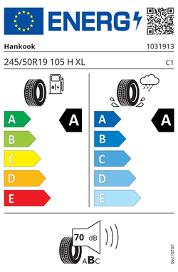 EU-Reifenlabel Hankook 245/50R19 105 H XL für den Audi A6 e-tron mit Effizienzklasse A, Nasshaftung A und 70 dB