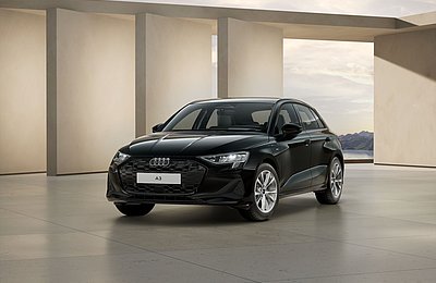 Audi A3 Sportback e-hybrid 150 kW schwarz Frontansicht schräg links Audi A3 Sportback e-hybrid 150 kW schwarz Frontansicht schräg links