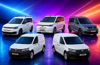fünf verschiedene VW Nutzfahrzeug Modelle, 3 hinten, 2 vorne