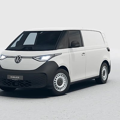 Weißer Volkswagen ID. Buzz Cargo in schräger Frontansicht