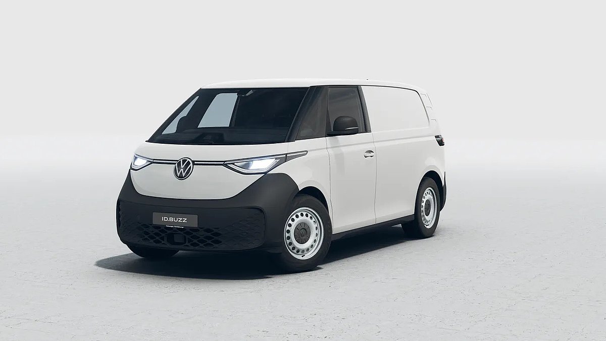Weißer Volkswagen ID. Buzz Cargo in schräger Frontansicht