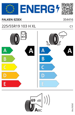 EU-Reifenlabel Falken EZIEX 225/55R19 103 H XL für den Audi A6 e-tron mit Effizienzklasse A, Nasshaftung A und 69 dB