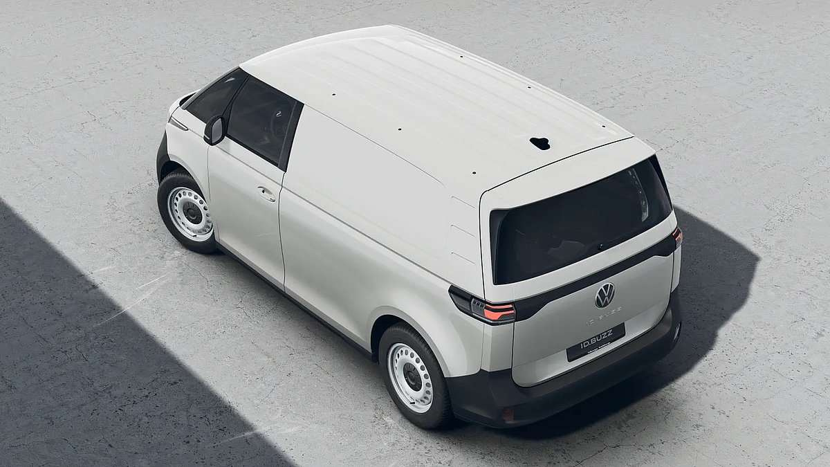 Weißer Volkswagen ID. Buzz Cargo in der Ansicht von oben