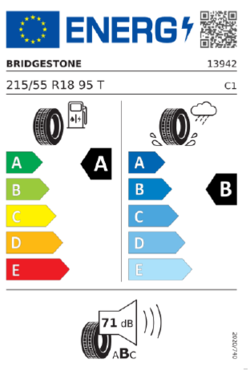 EU-Reifenlabel Bridgestone 215/55 R18 95 T mit Kraftstoffeffizienz A, Nasshaftung B und 71 dB