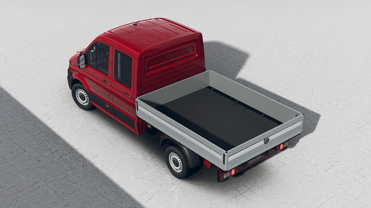 Roter Volkswagen Crafter Pritsche mit Ladefläche von oben